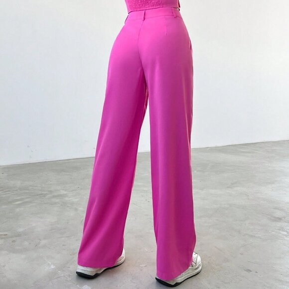 Hot Pink Casual Women's Strapless Button Up Top And Pants Set - Picture 4 of 6